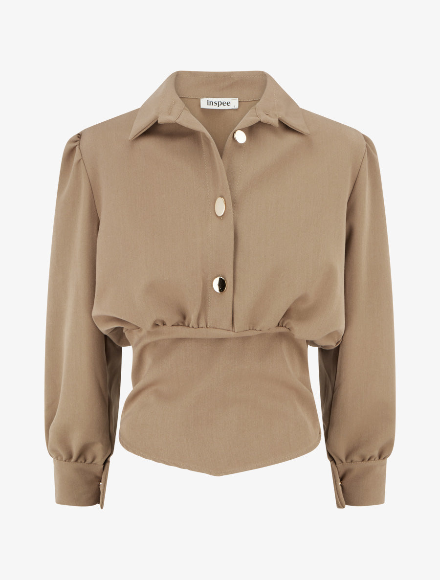 Blouse élastiquée à col à pied - Beige foncé - 1