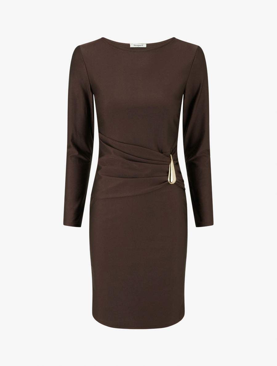 Robe mi-longue à bijou métal - Marron - 1