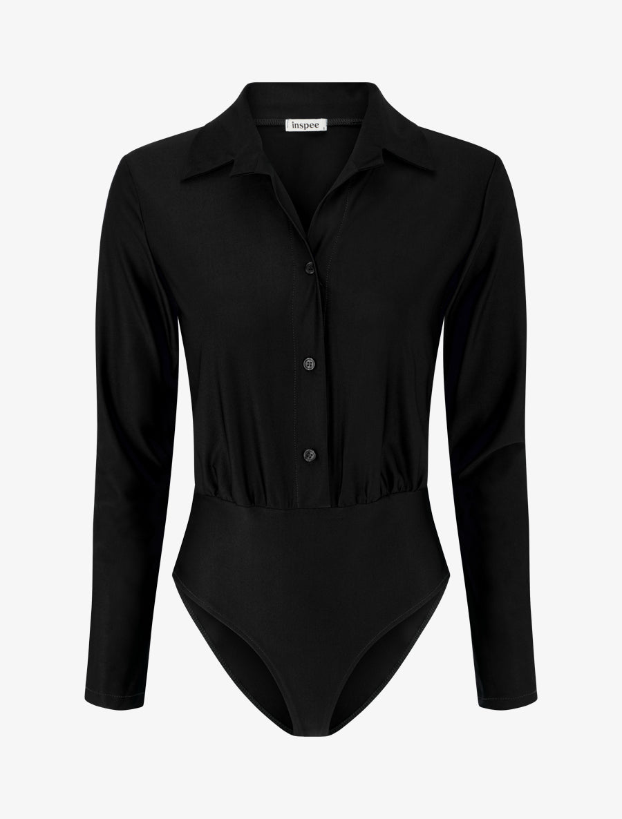 Body satiné style chemise - Noir - 1