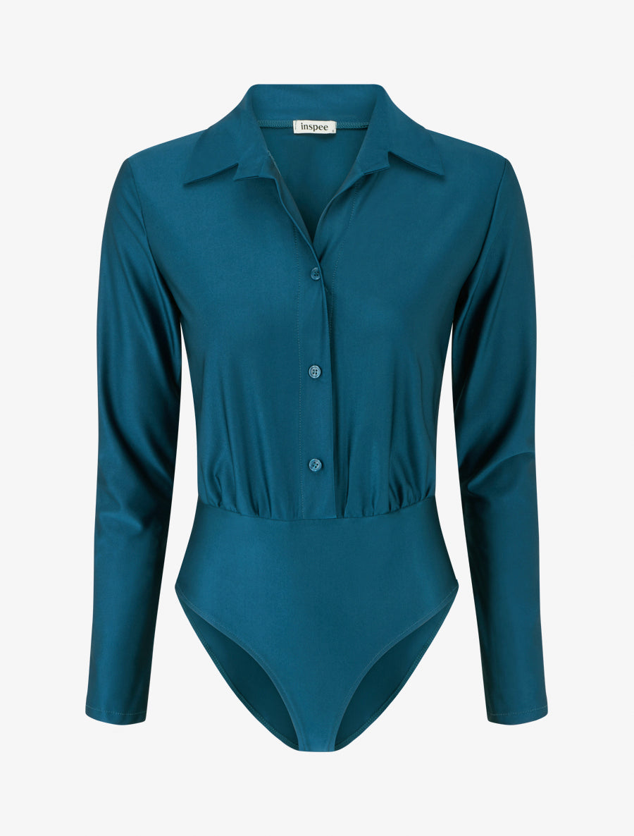 Body satiné style chemise - Bleu canard - 1