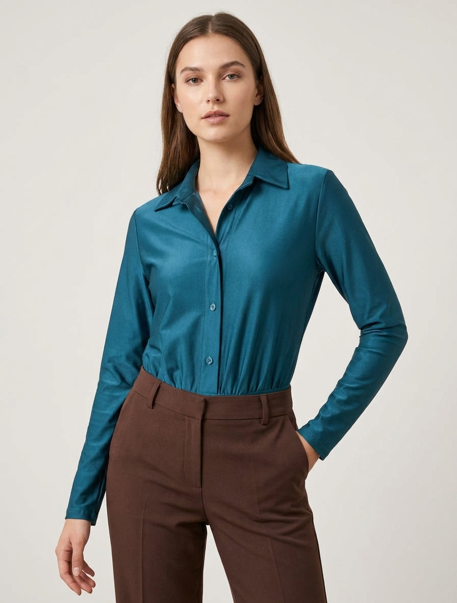 Body satiné style chemise - Bleu canard