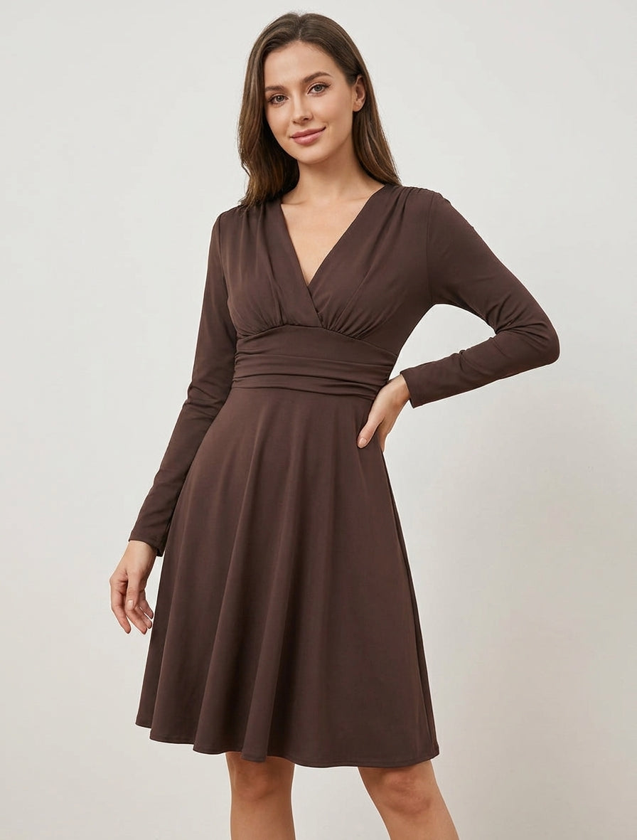 Robe patineuse manches longues à taille plissée - Marron