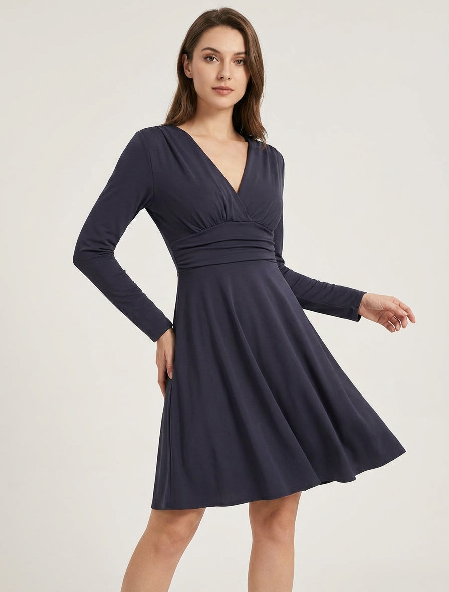 Robe patineuse manches longues à taille plissée - Marine
