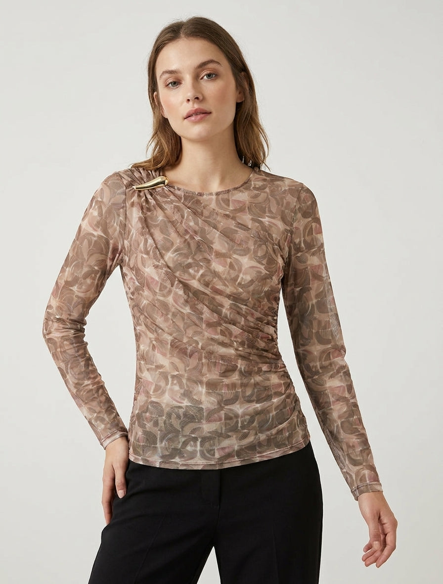 Top en tulle imprimé abstrait à empiècement bijou - Beige