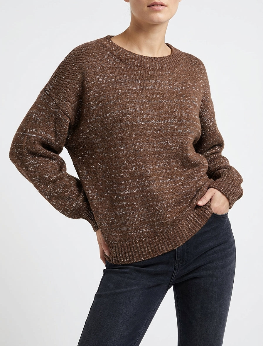 Pull ample en maille irisée à col rond - Marron