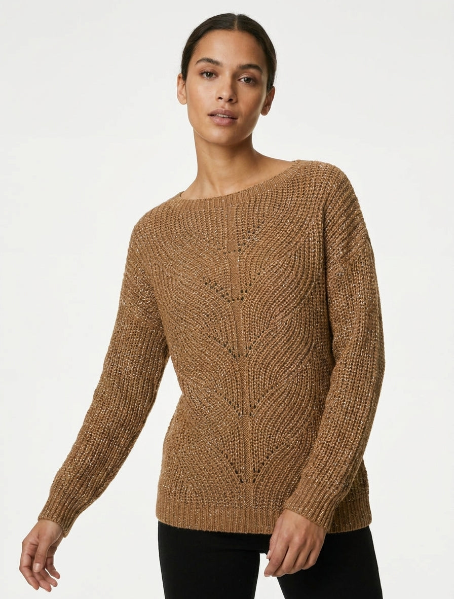 Pull droit en maille irisée à col bateau - Camel