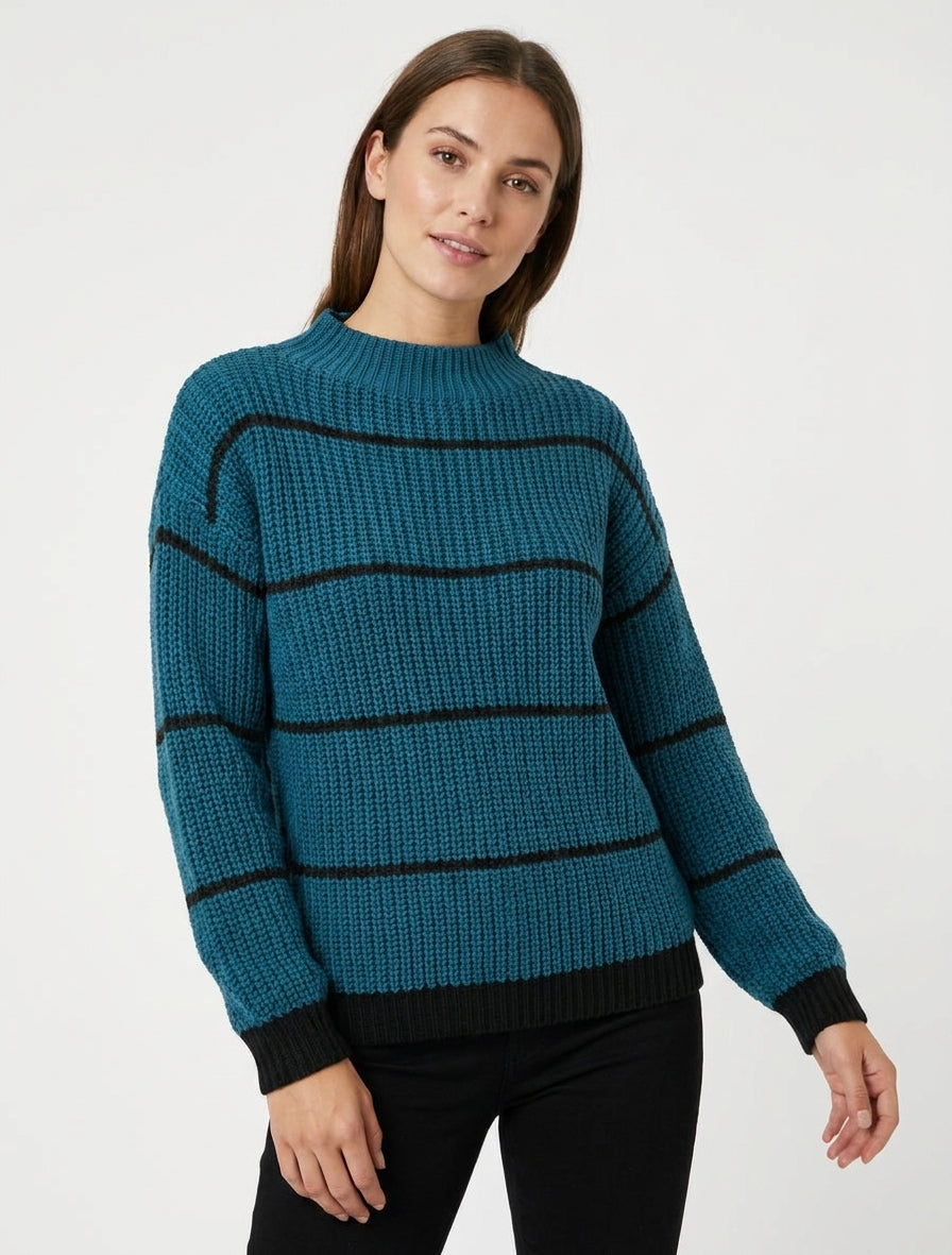 Pull droit à col montant et rayures - Bleu canard