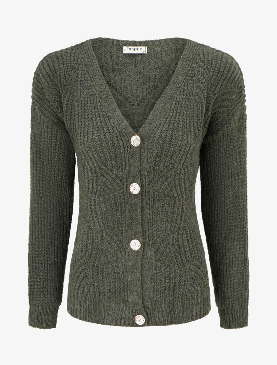 Gilet en maille fantaisie à col V - Kaki - 1