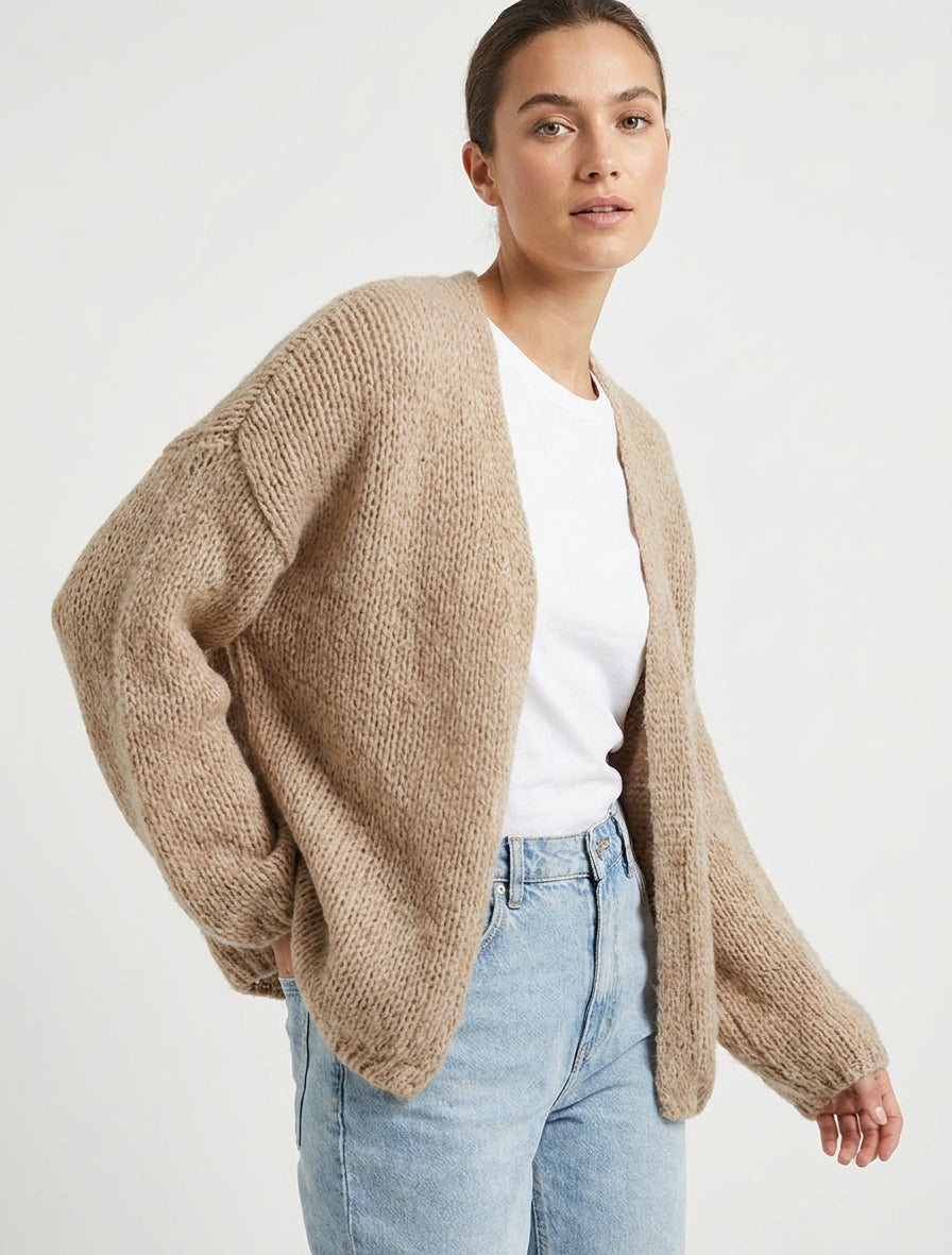 Gilet ouvert en maille épaisse coupe ample - Beige