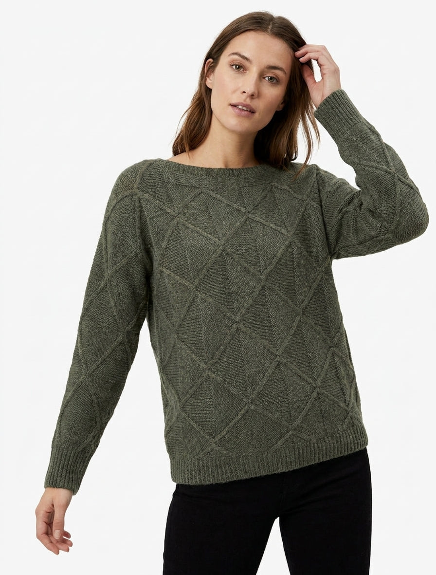 Pull à col bateau en maille effet quadrillé - Kaki