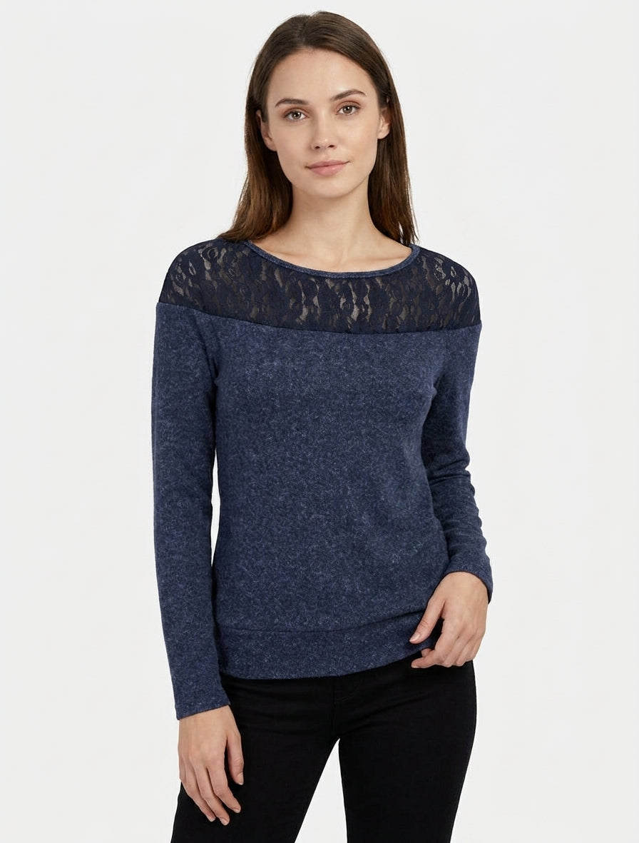 Pull duveteux droit à col rond et empiècement dentelle - Marine