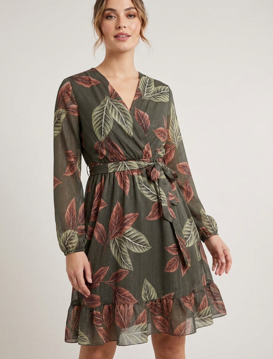 Robe irisée à imprimé feuilles et bords volantés - Kaki