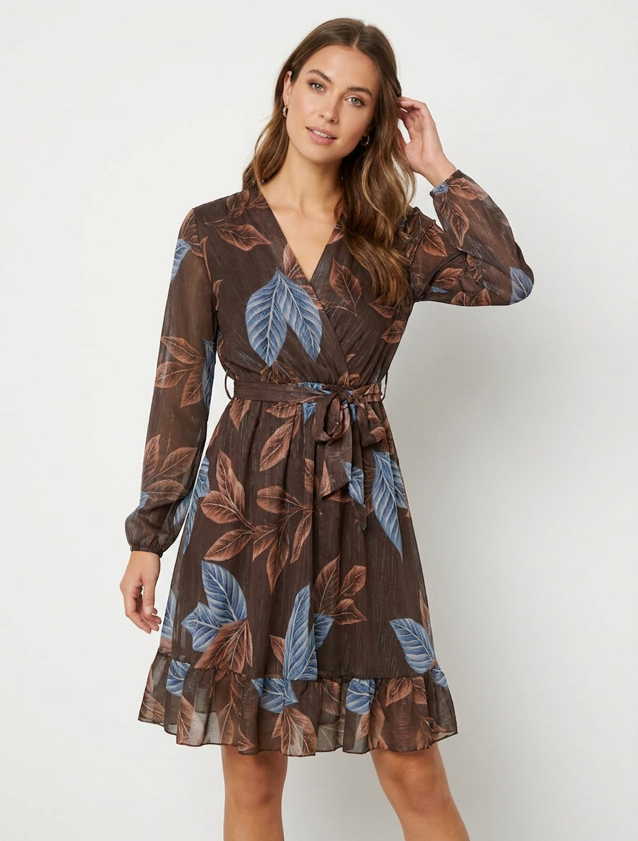 Robe irisée à imprimé feuilles et bords volantés - Marron