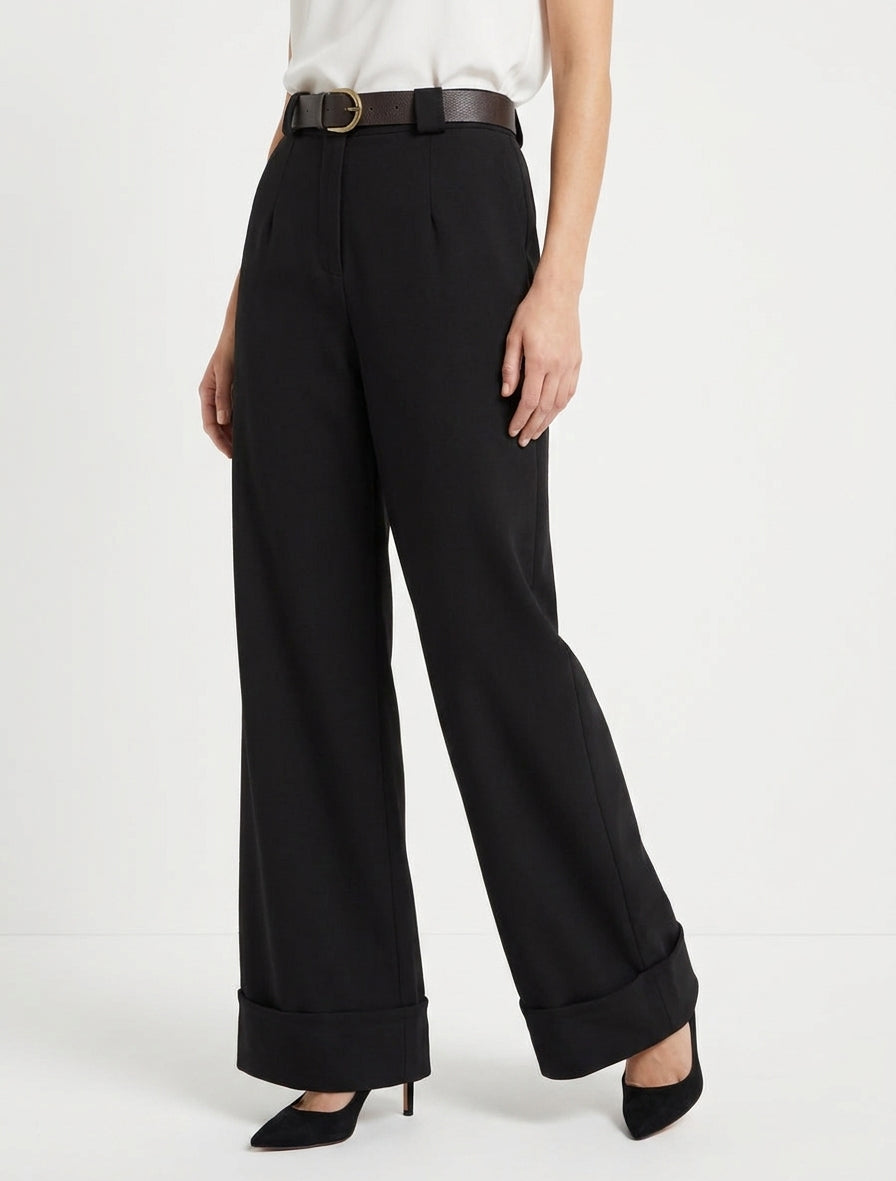Pantalon taille haute à revers - Noir