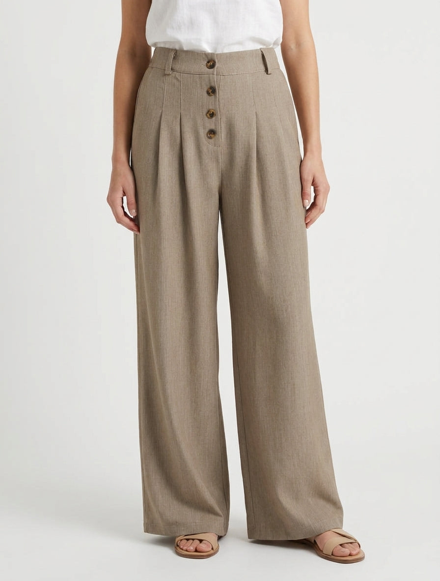 Pantalon ample à taille haute élastiquée et boutonnée - Taupe