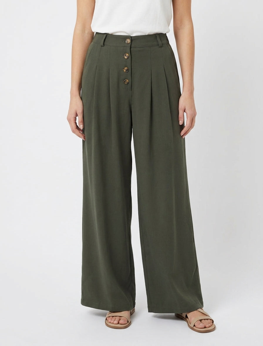 Pantalon ample à taille haute élastiquée et boutonnée - Kaki