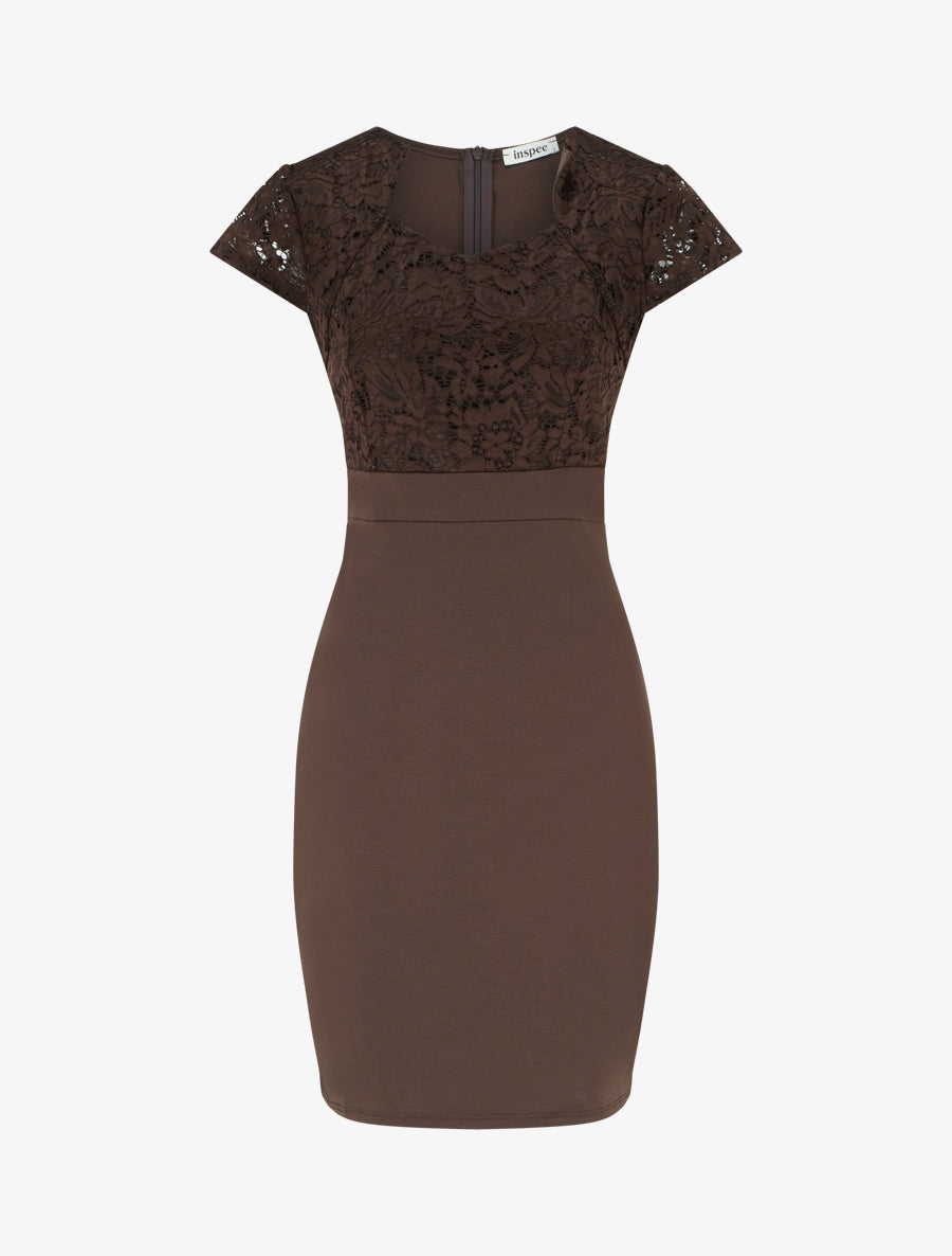 Robe moulante à buste en dentelle et manches courtes - Marron - 1
