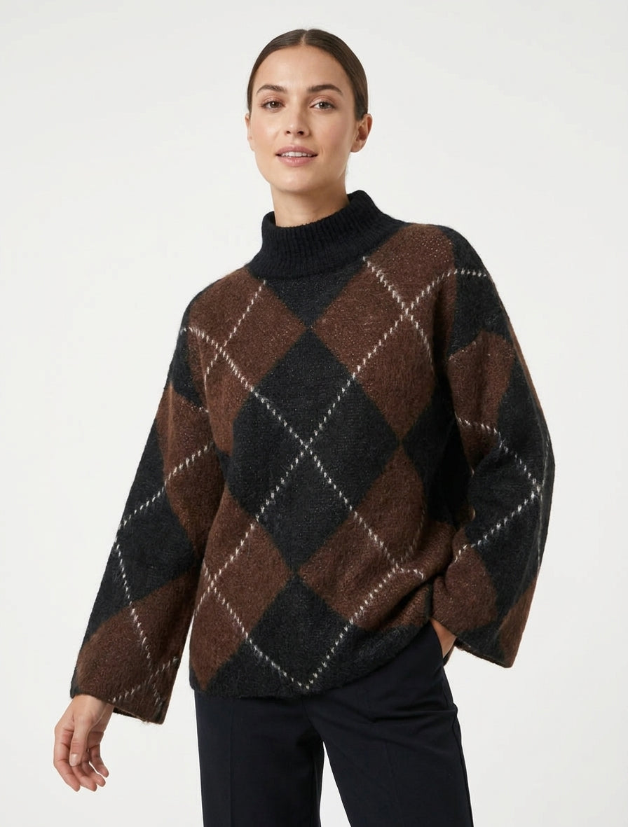 Pull à col montant et motif carreaux en mohair mélangé - Marron