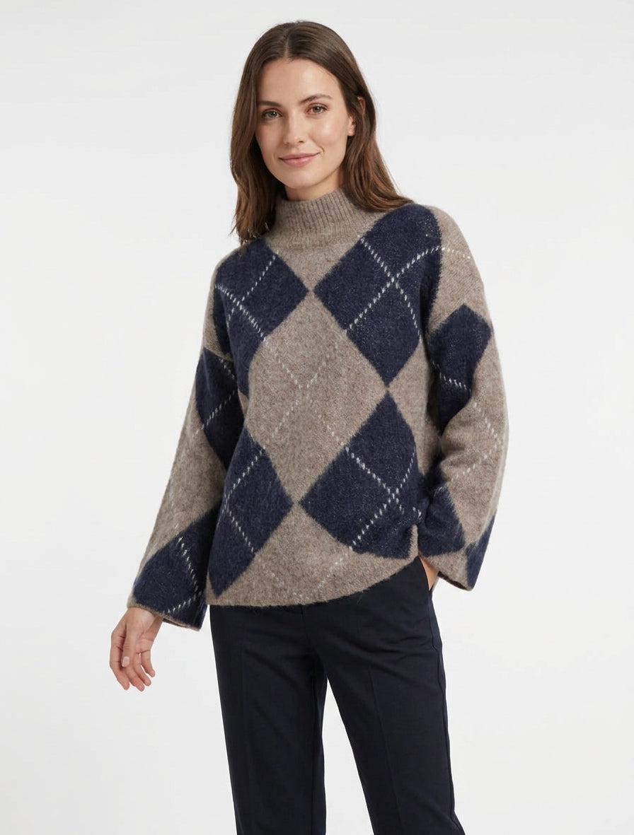 Pull à col montant et motif carreaux en mohair mélangé - Taupe