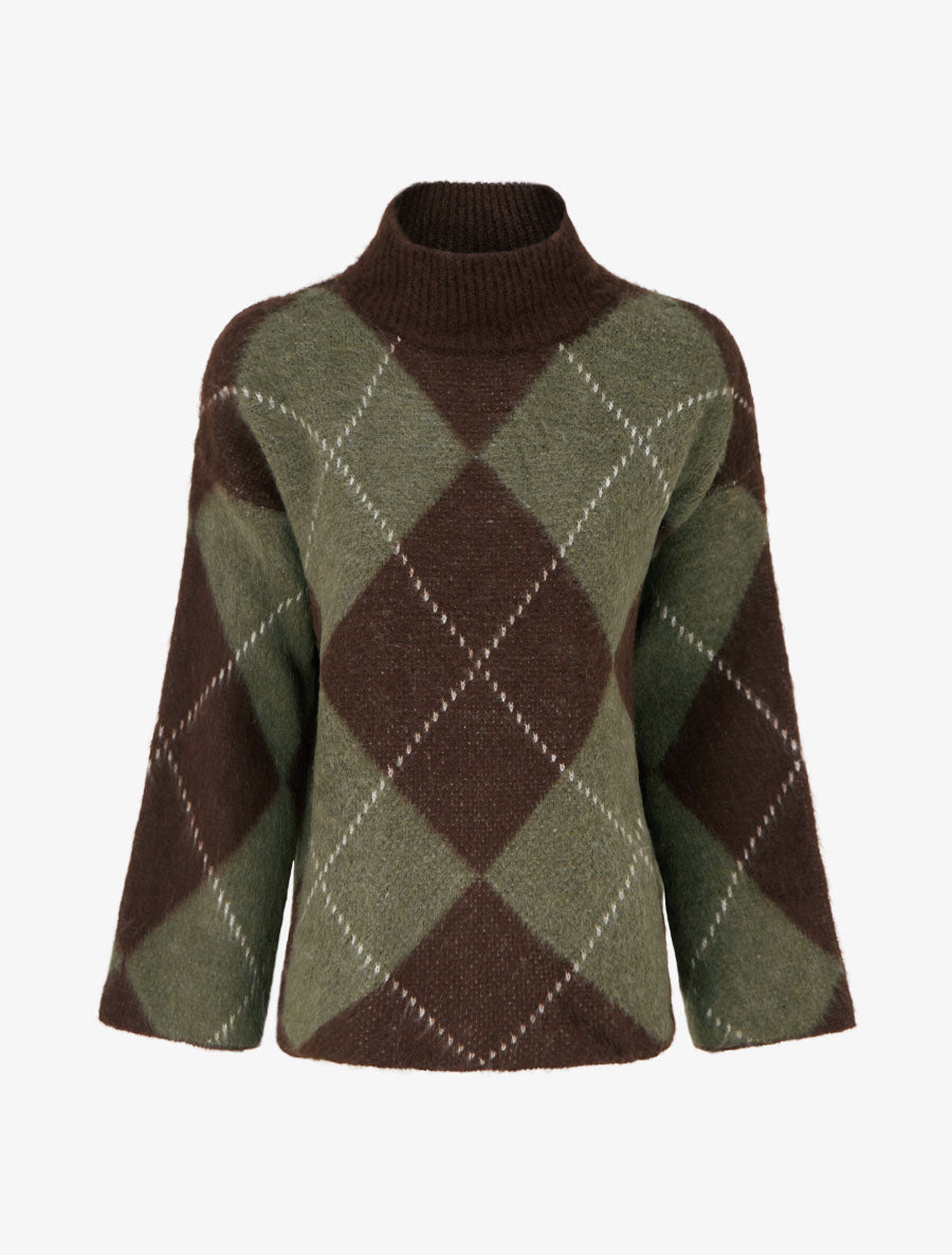 Pull à col montant et motif carreaux en mohair mélangé - Kaki - 1