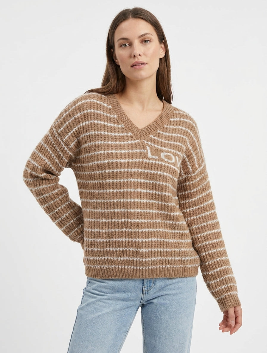 Pull mohair inscription LOVE à rayures - Camel