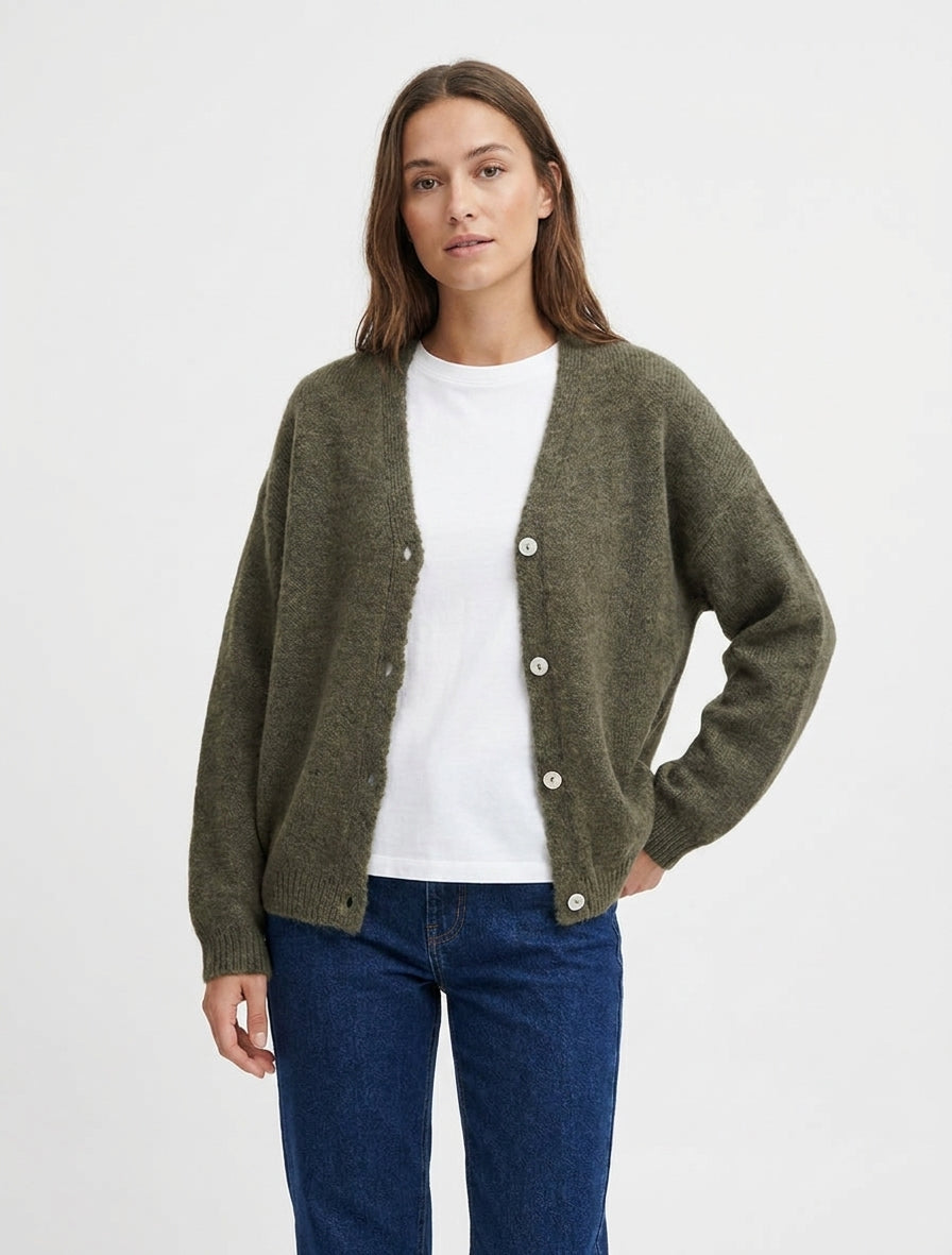 Gilet mohair ample à col V - Kaki