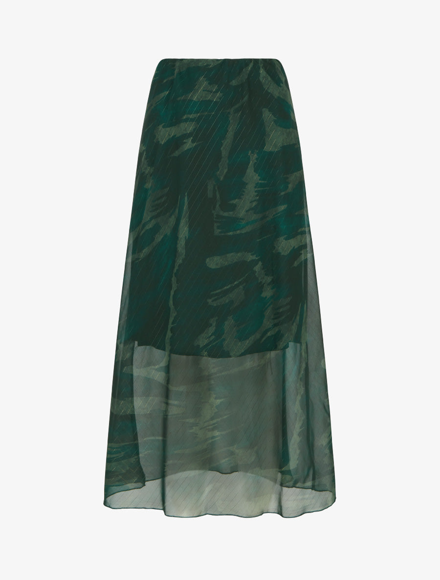 Jupe longue droite voile irisé imprimé abstrait - Vert foncé - 1