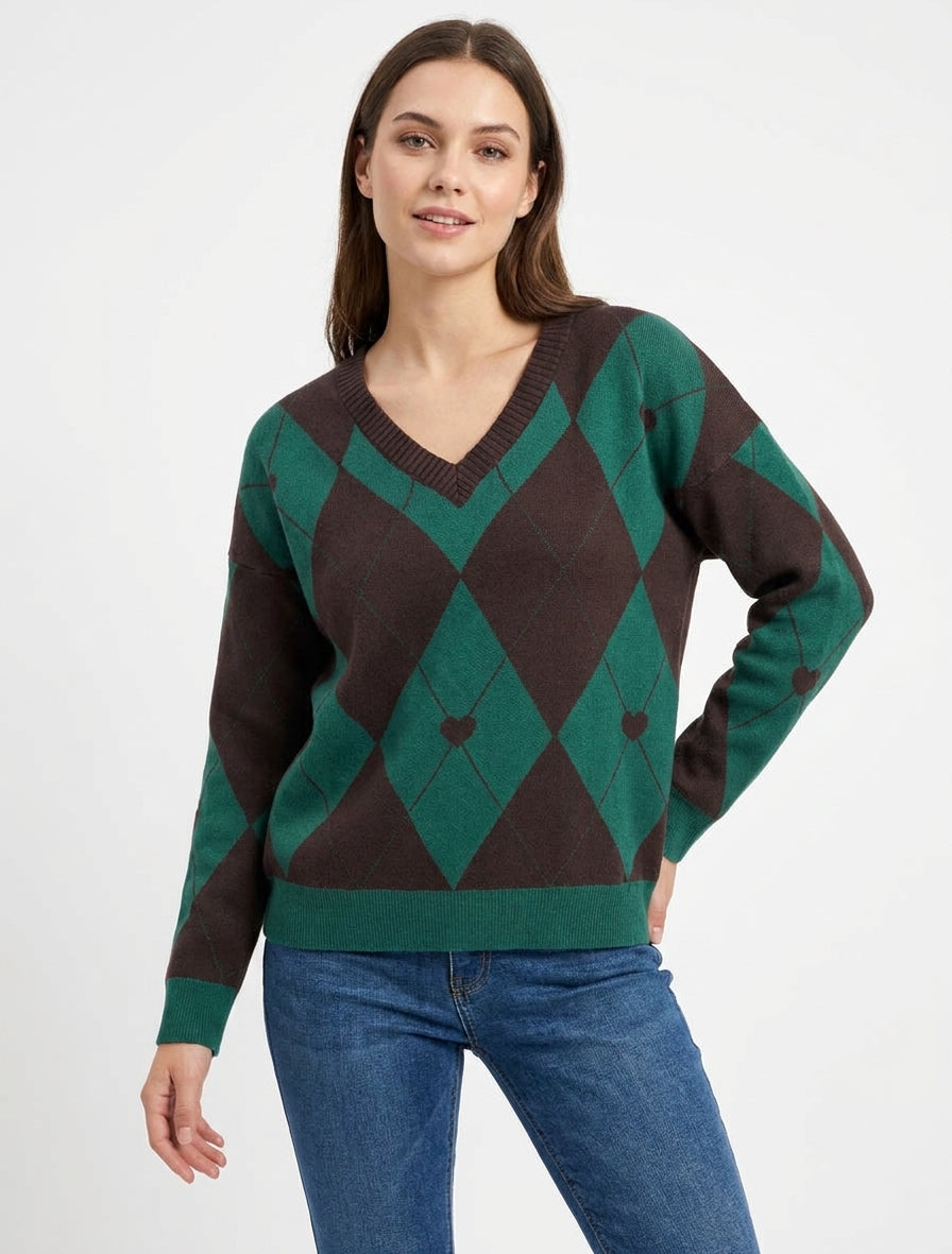 Pull à col V motif carreaux et coeur - Marron/vert foncé