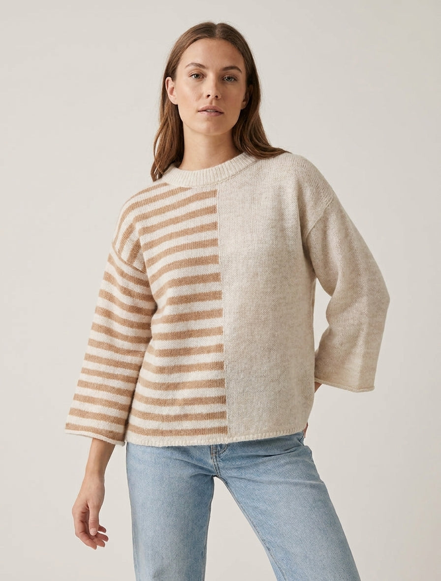 Pull en mohair mélangé à rayures et col rond - Beige