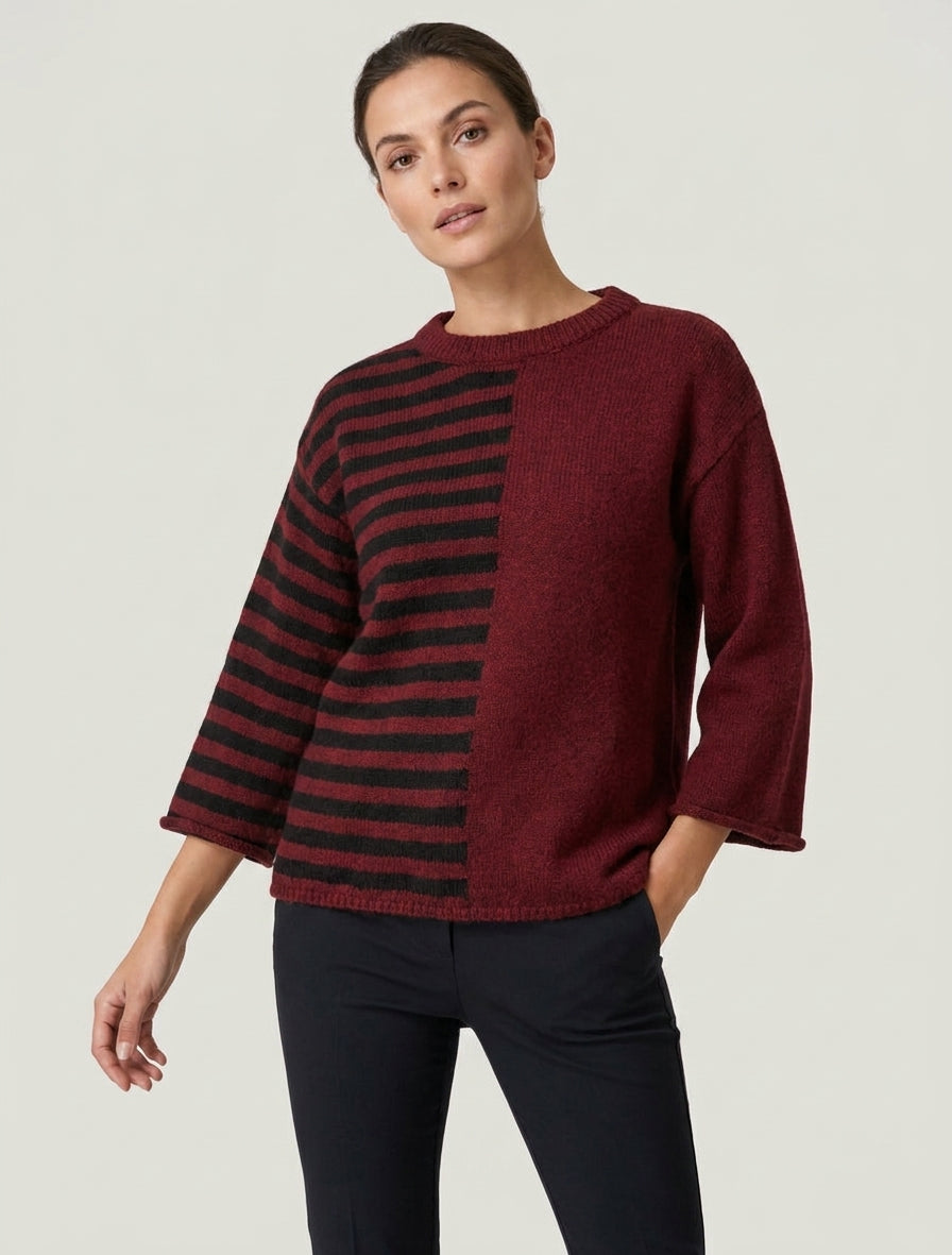 Pull en mohair mélangé à rayures et col rond - Bordeaux