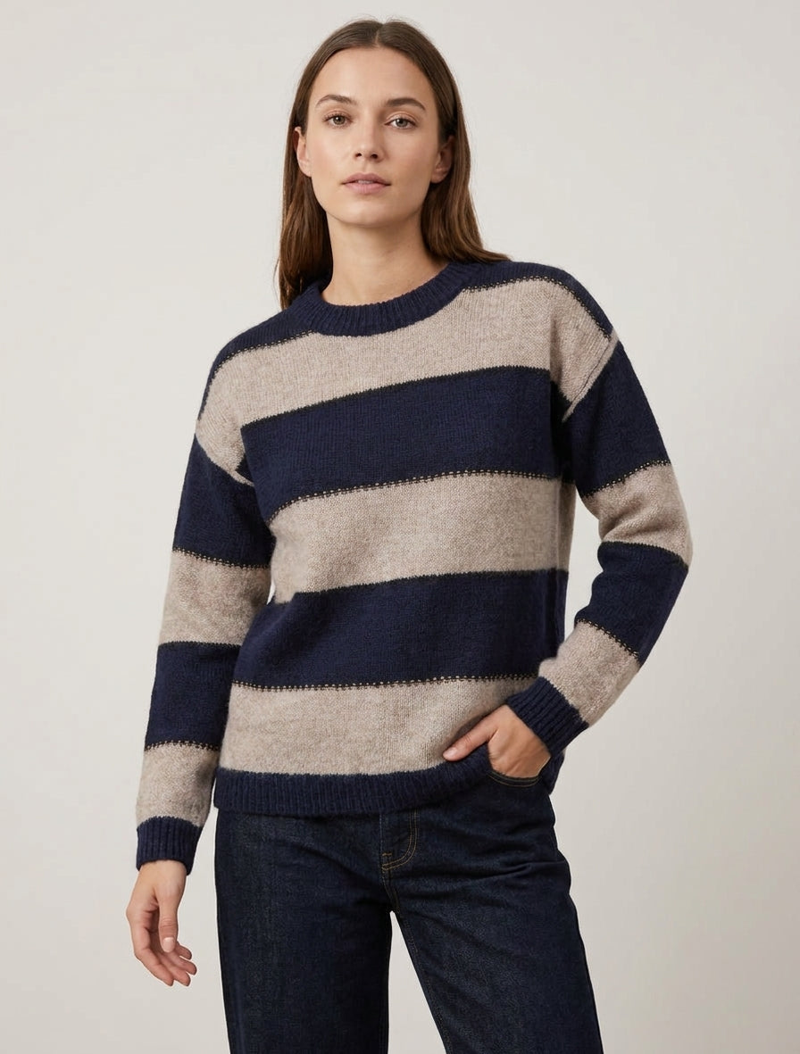 Pull à rayures tricolore en mohair mélangé - Marine