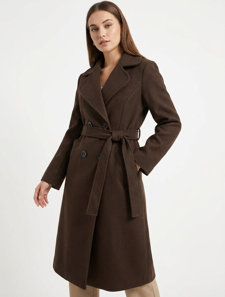 Manteau long croisé en laine mélangée - Marron