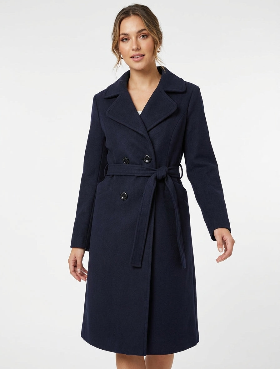 Manteau long croisé en laine mélangée - Marine