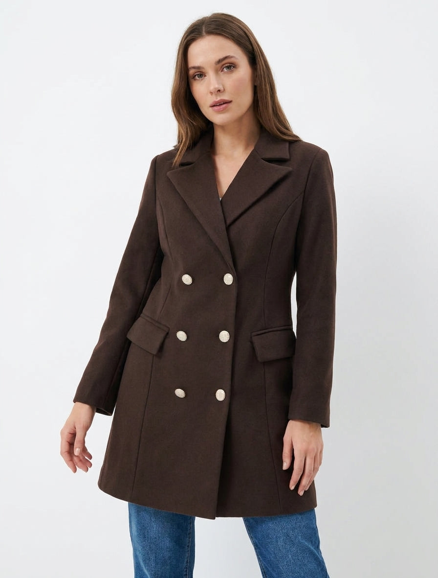 Manteau droit croisé en laine mélangé - Chocolat