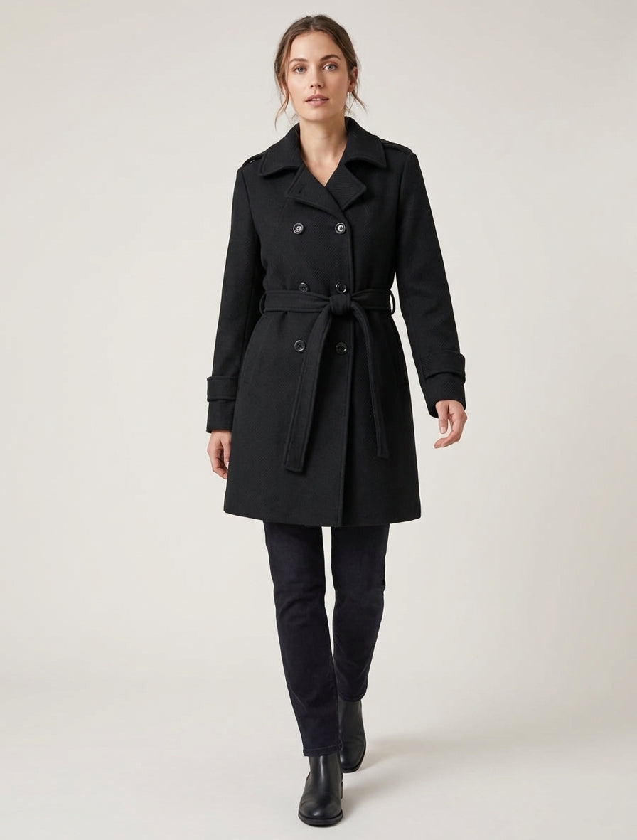 Manteau droit en laine mélangée - Noir