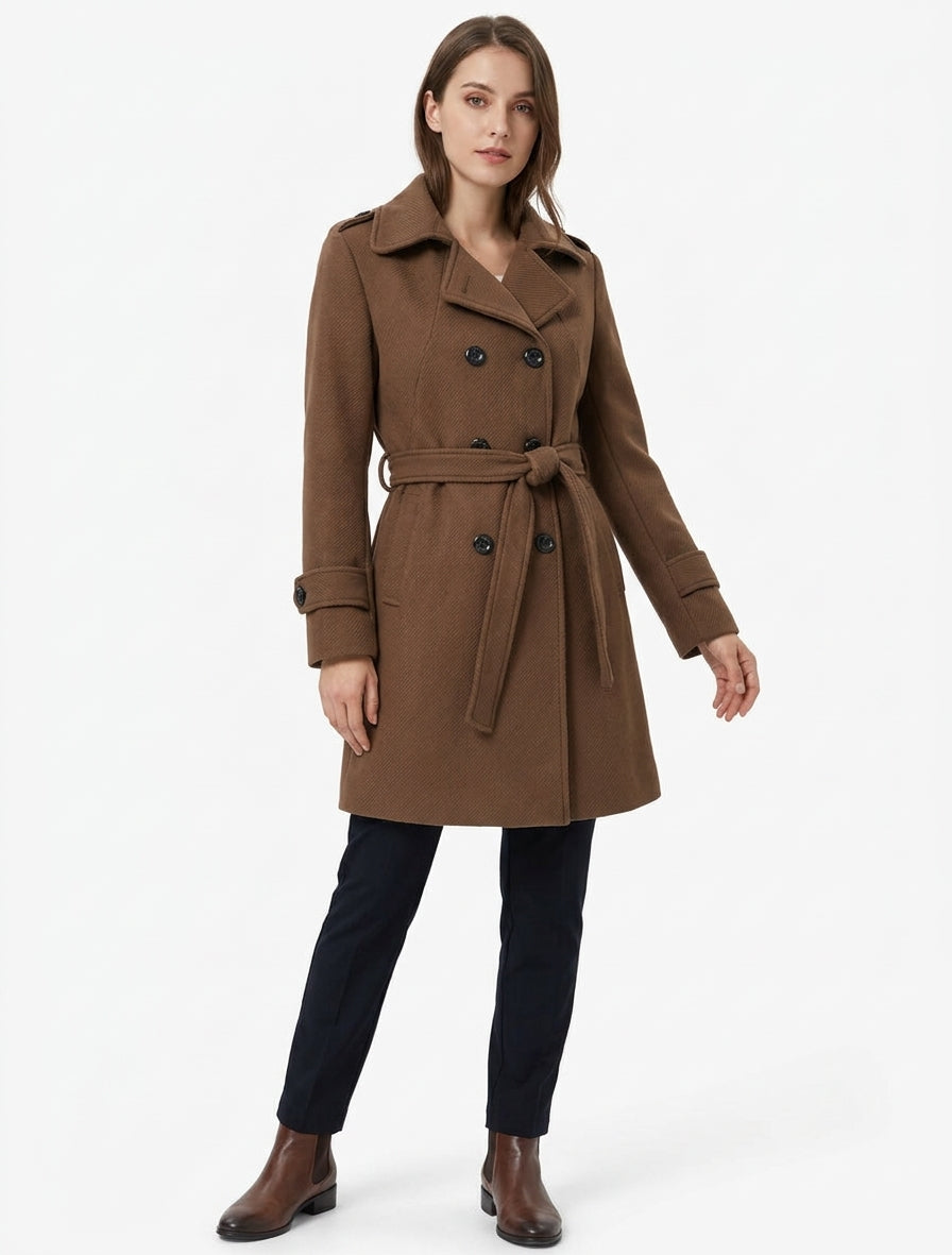 Manteau droit en laine mélangée - Marron