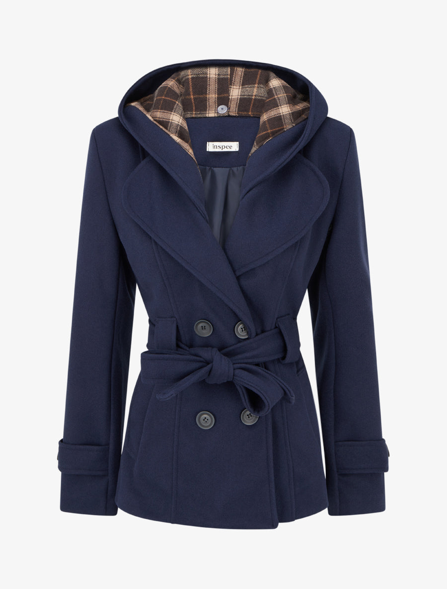 Manteau uni à capuche imprimée amovible - Marine - 1