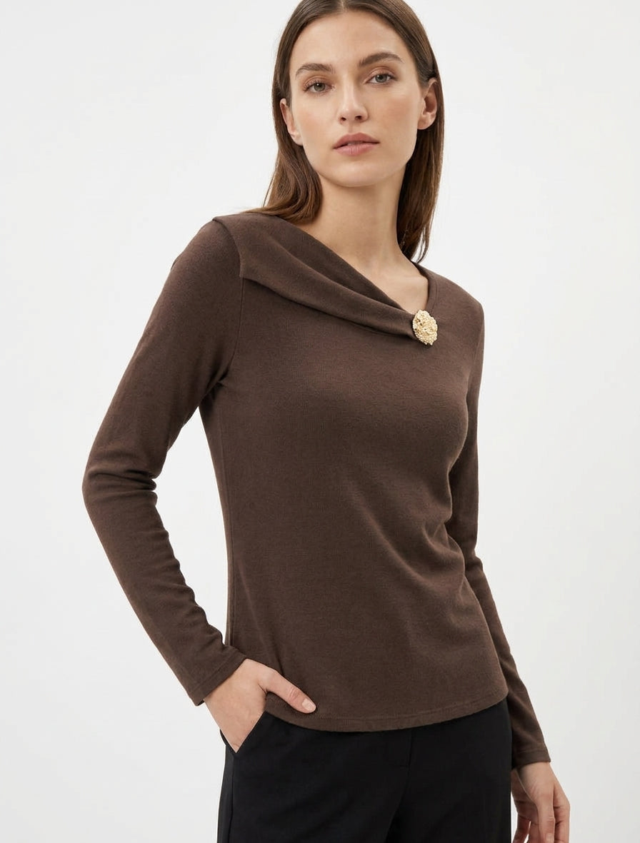 Pull fin à empiècement bijou - Marron