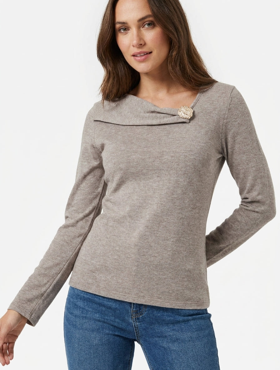 Pull fin à empiècement bijou - Taupe