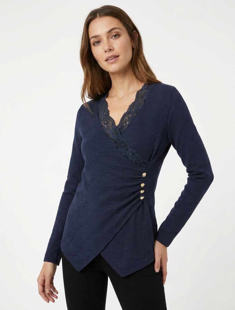 Pull fin à col cache-coeur en dentelle - Marine