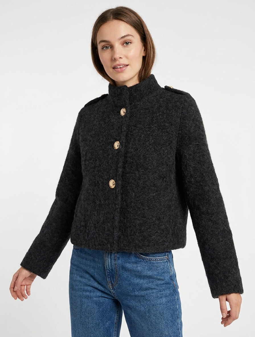 Veste courte duveuteuse et zippée - Noir