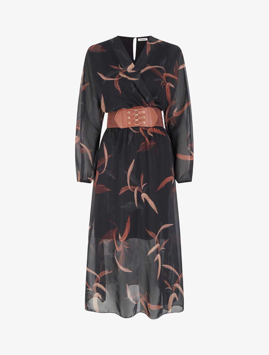 Robe longue imprimé feuilles à rayures irisées - Noir - 1