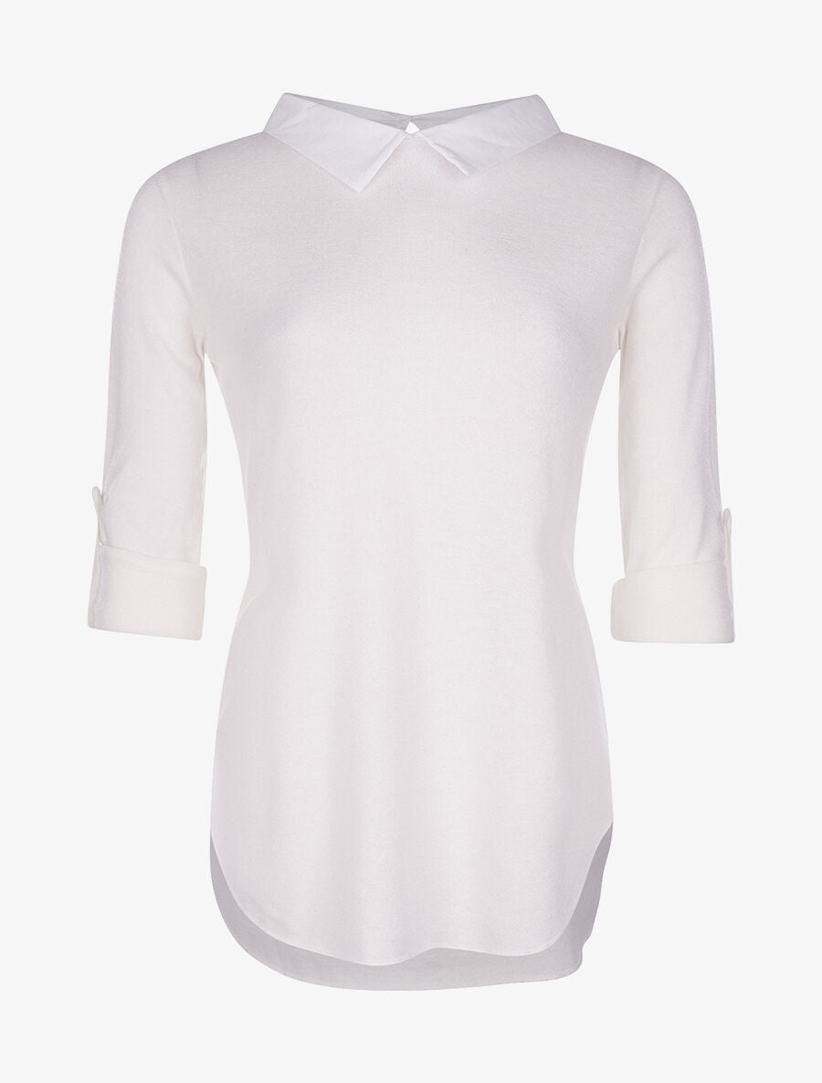 Pull doux col chemise - blanc - 1