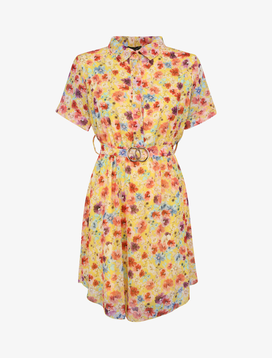 Robe patineuse courte imprimé printemps fleuri - Jaune - 1