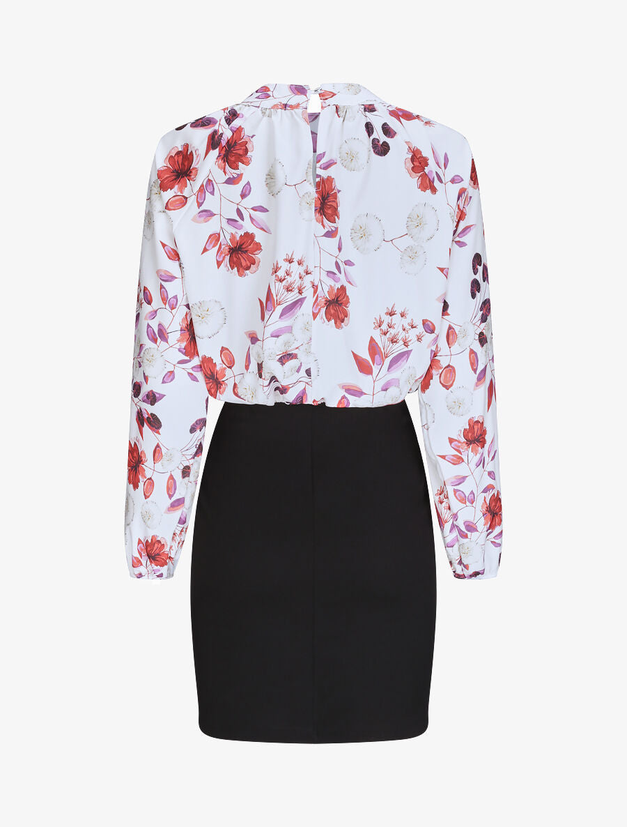 Robe bi-matière à imprimé pissenlits et roses - Blanc - 2