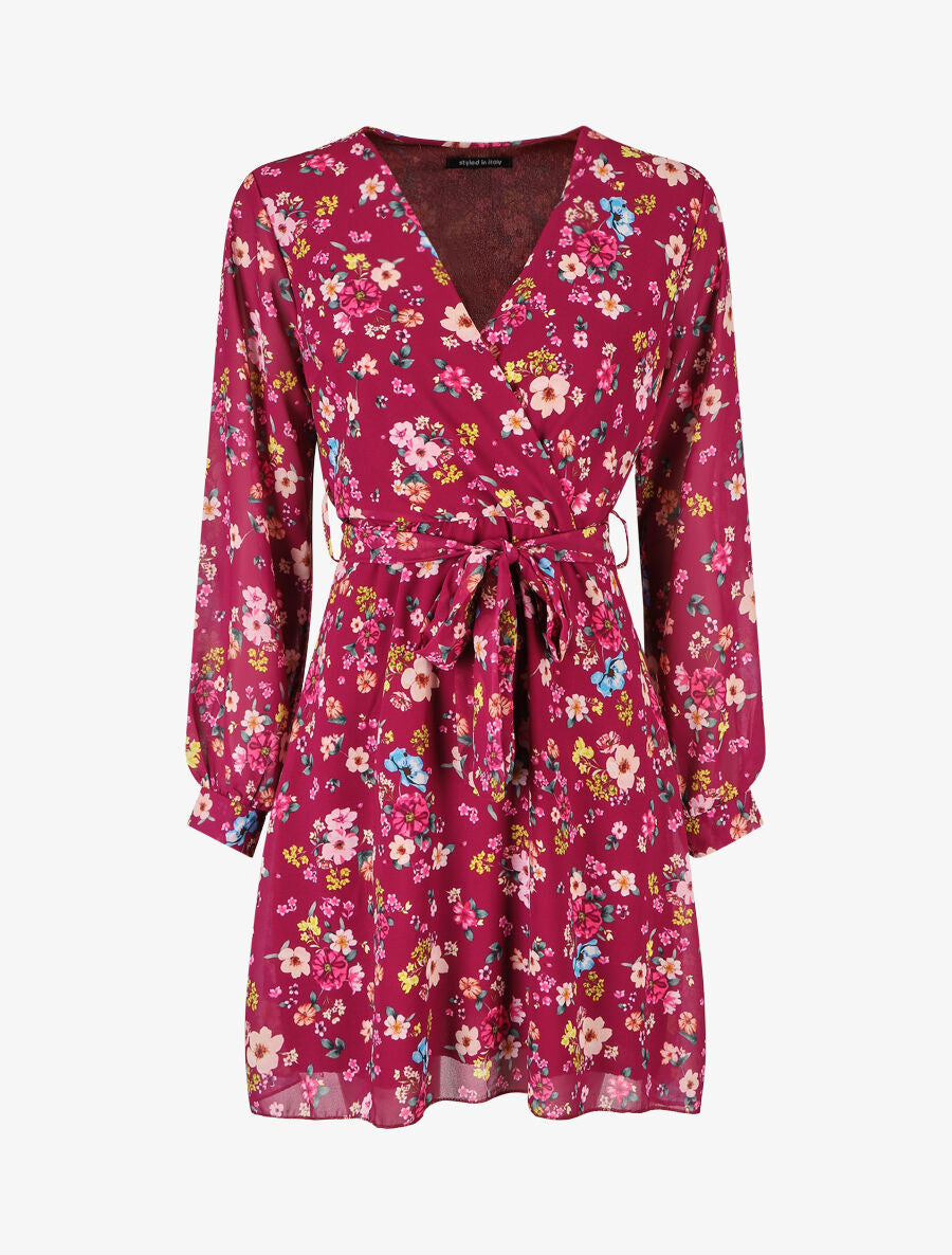 Robe cache-coeur à imprimé fleuri - Bordeaux - 1