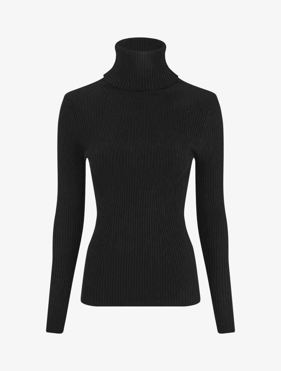 Pull uni côtelé à col roulé - Noir - 3