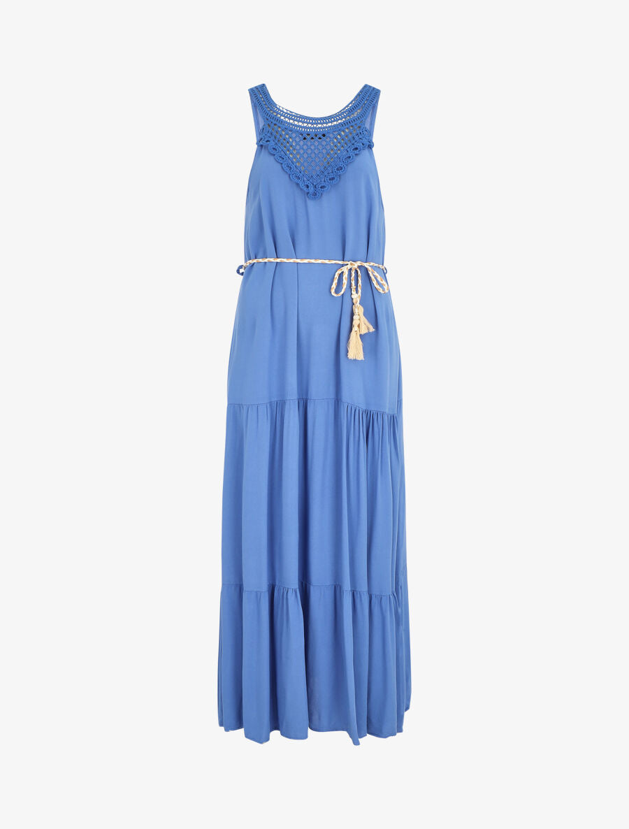 Robe longue bohème sans manches col en crochet - Bleu roi - 1