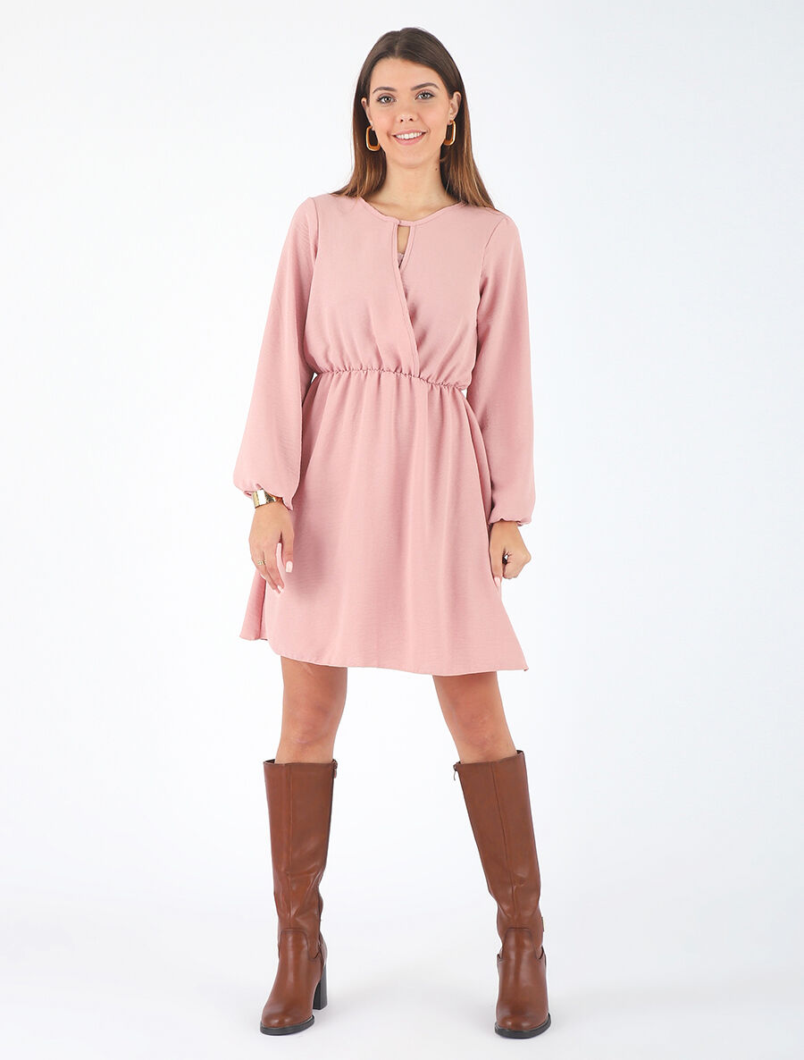 Robe courte évasée col à dentelle - Rose - 4