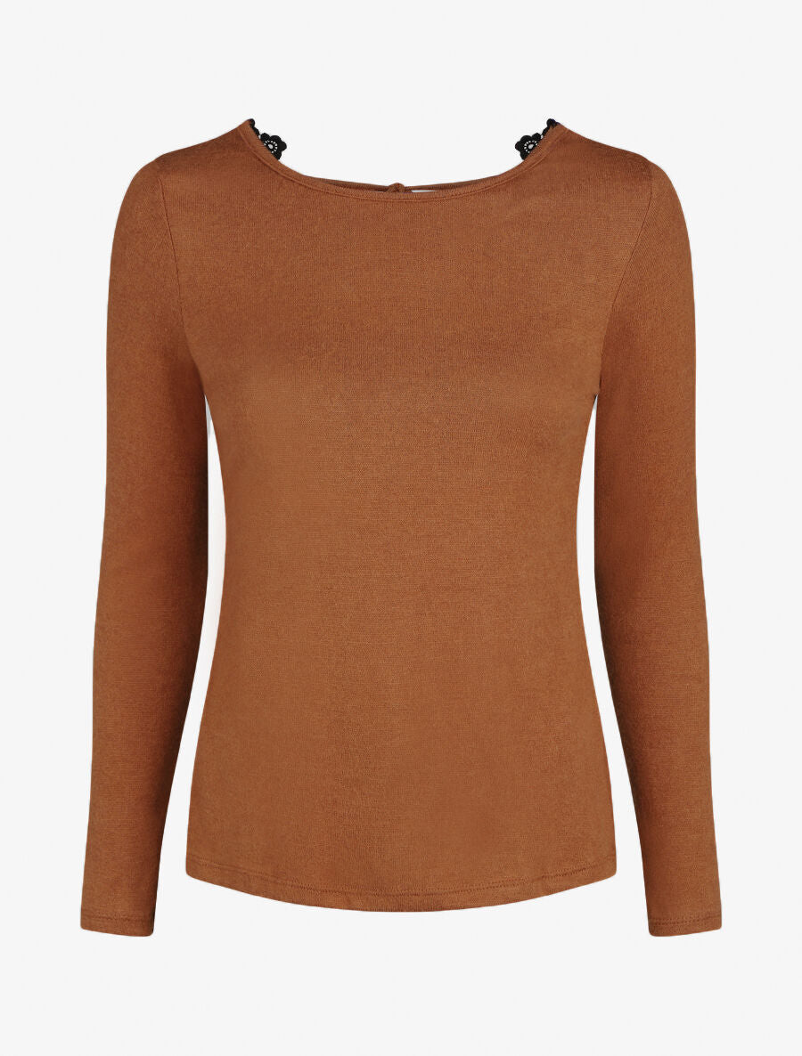 Pull fin droit dos en crochet - Camel - 4